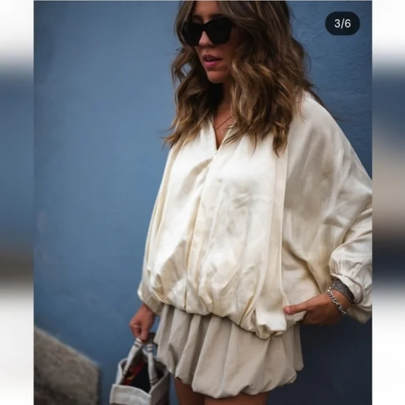 ZARA NWT Satin Bomber Jacket Puffed ZW Collection Cream Size M - Picture 11 of 16